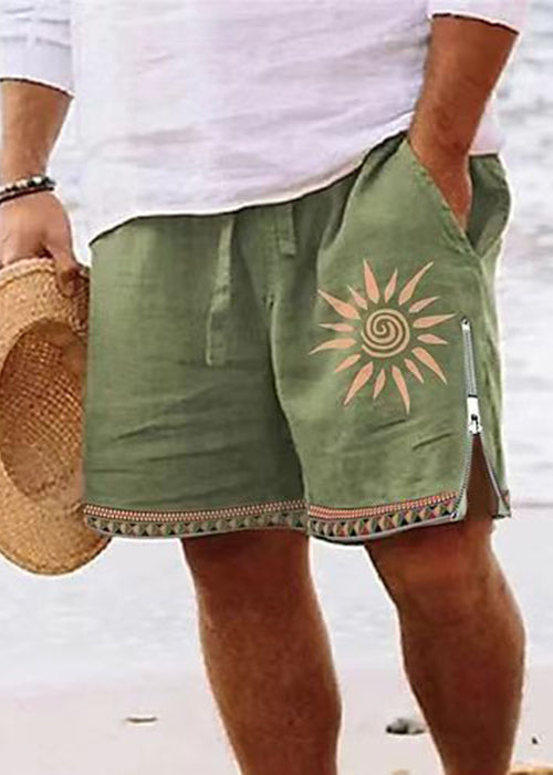 New Green Zip Up Print Elastic Waist Cotton Shorts Summer