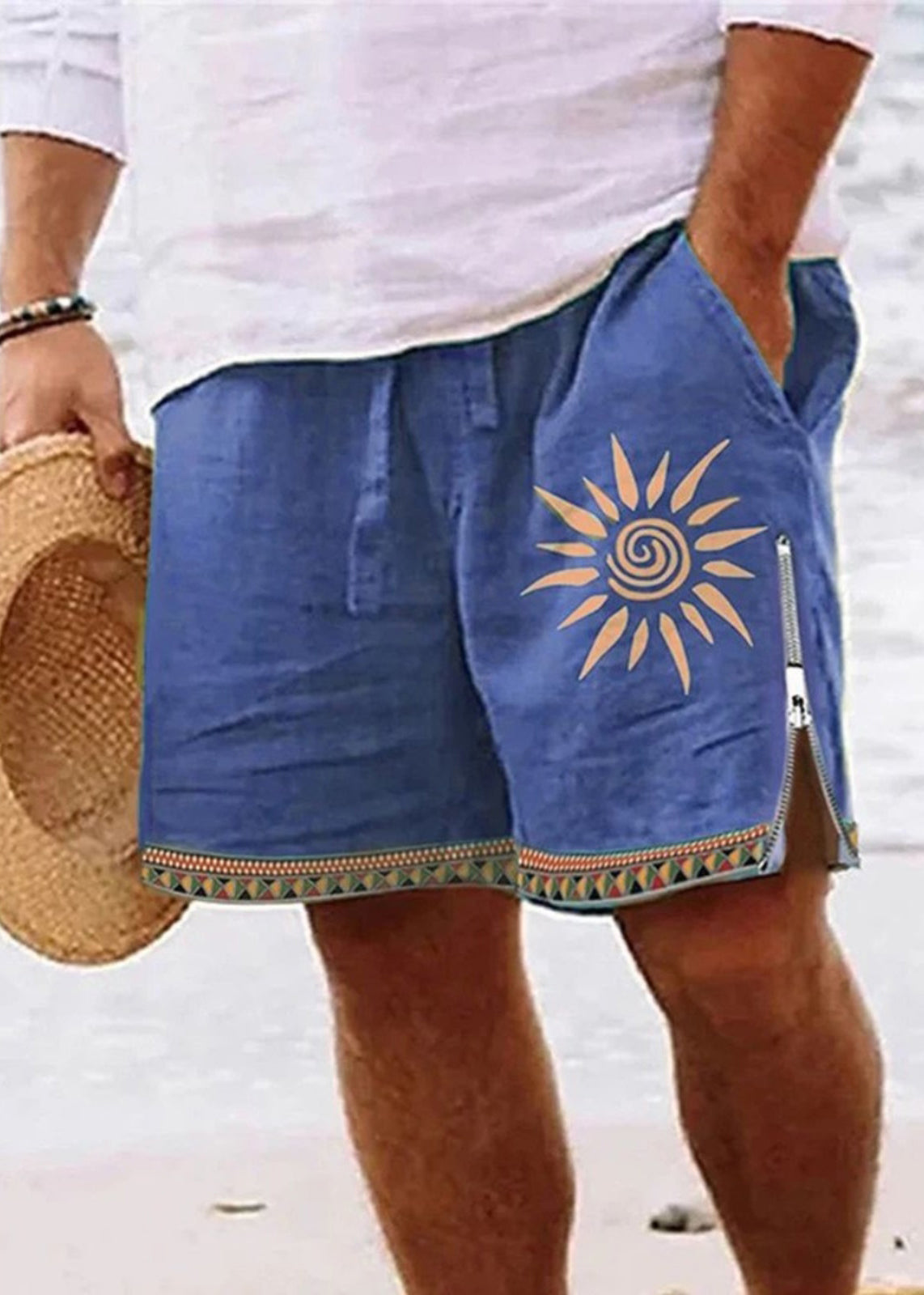 New Green Zip Up Print Elastic Waist Cotton Shorts Summer
