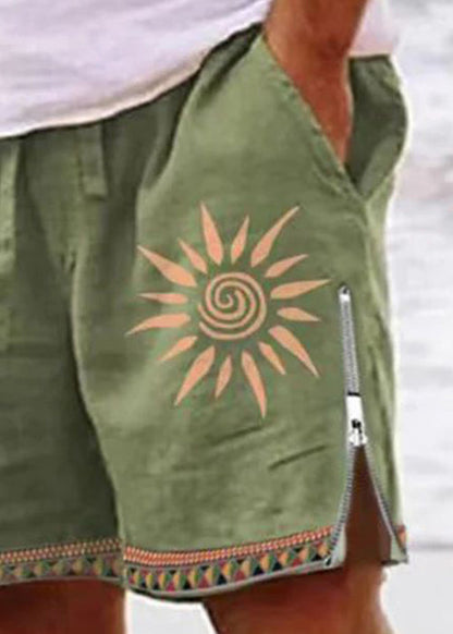 New Green Zip Up Print Elastic Waist Cotton Shorts Summer