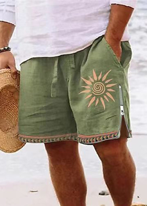 New Green Zip Up Print Elastic Waist Cotton Shorts Summer