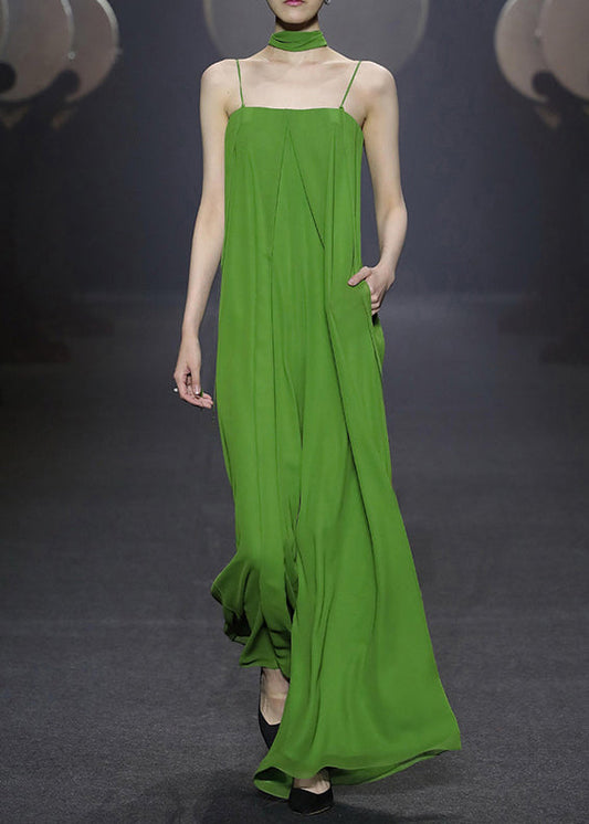 New Green Zippered Pockets Chiffon Spaghetti Strap Jumpsuit Sleeveless