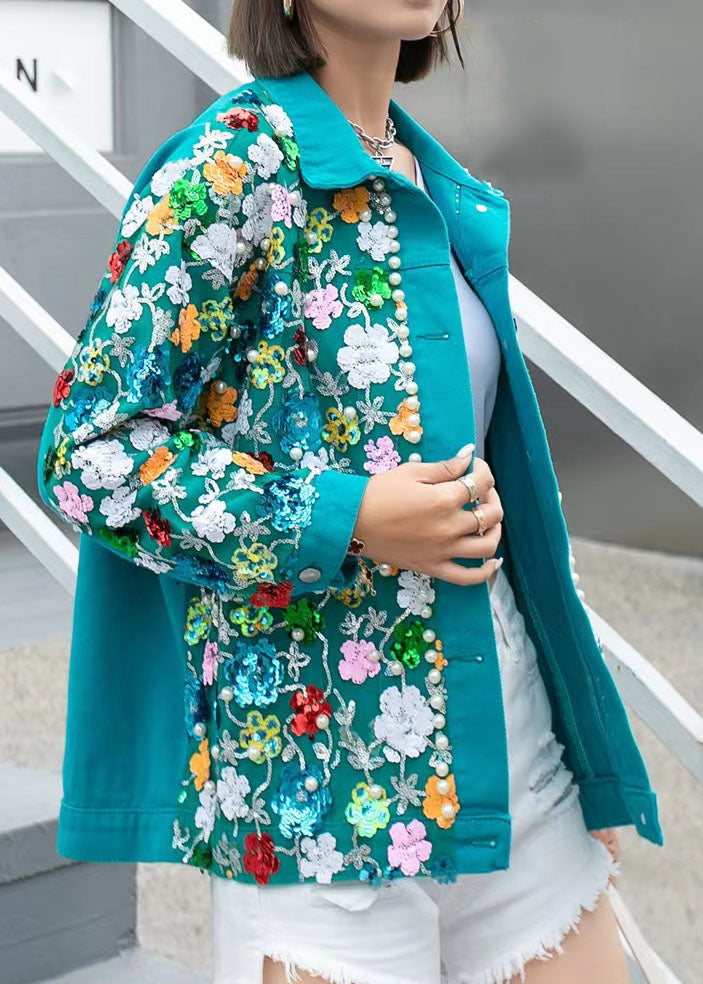 New Green Zircon Nail Bead Sequins Patchwork Denim Coat Spring