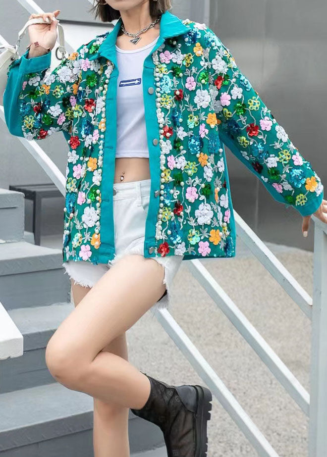 New Green Zircon Nail Bead Sequins Patchwork Denim Coat Spring