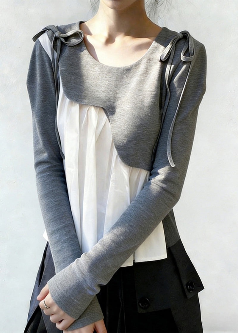 New Grey Asymmetrical Lace Up Patchwork Cotton T Shirts Spring