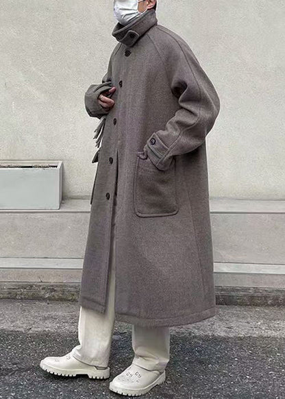 New Grey Button Pockets Woolen Long Coats Winter