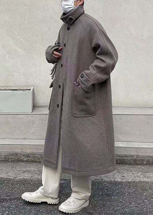 New Grey Button Pockets Woolen Long Coats Winter