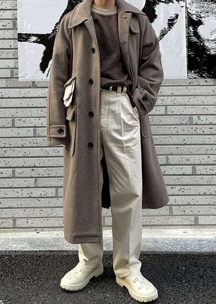 New Grey Button Pockets Woolen Long Coats Winter