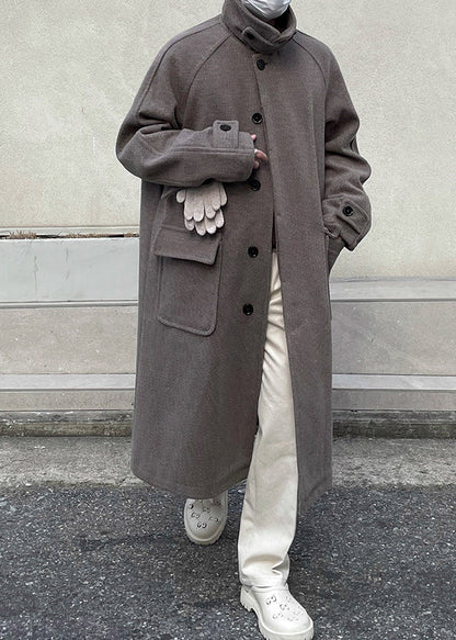 New Grey Button Pockets Woolen Long Coats Winter