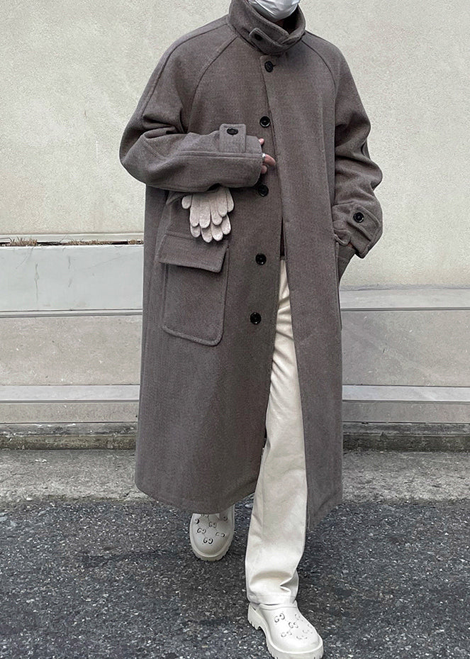 New Grey Button Pockets Woolen Long Coats Winter