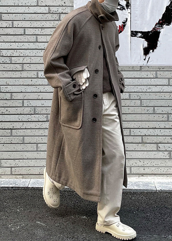 New Grey Button Pockets Woolen Long Coats Winter