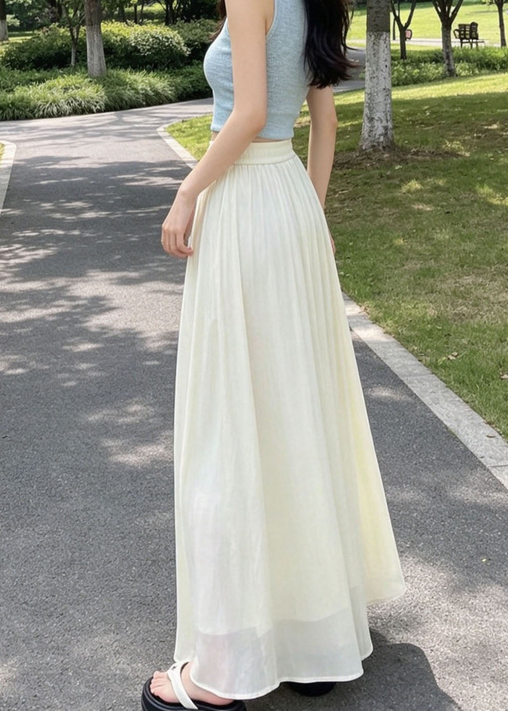 New Grey Elastic Waist Patchwork Linen Silk Wide Leg Pants Summer