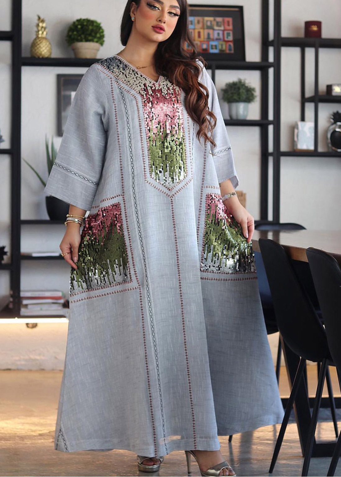 New Grey Style Sequined Embroidered V Neck Long Dress
