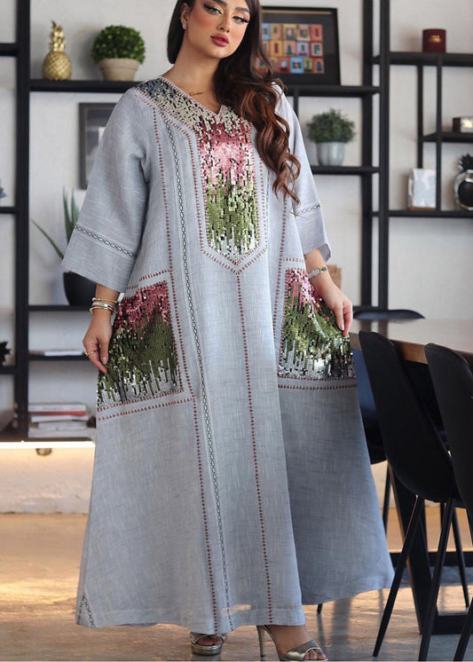 New Grey Style Sequined Embroidered V Neck Long Dress