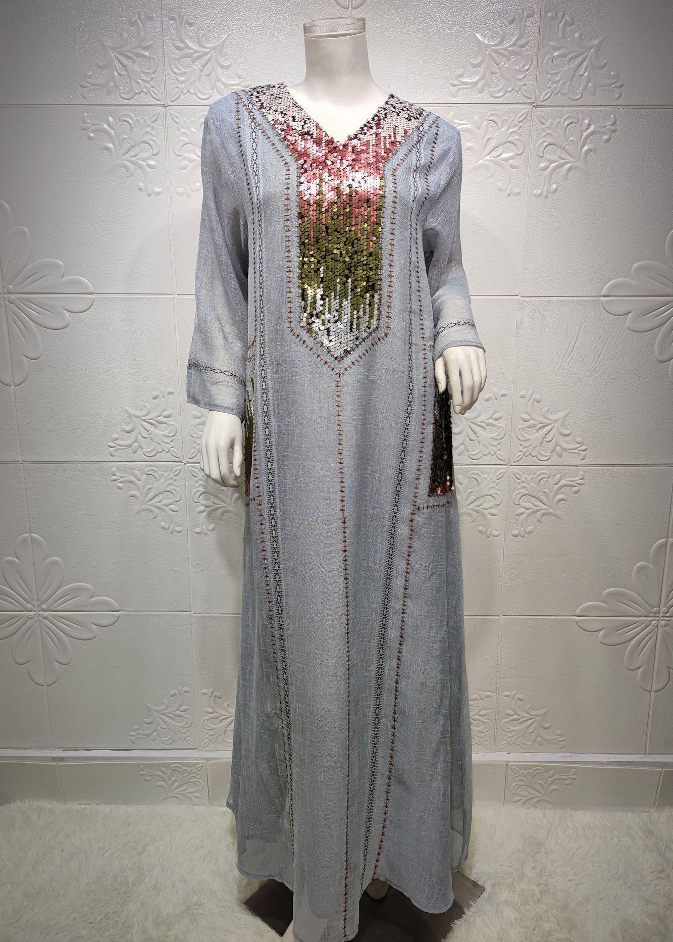 New Grey Style Sequined Embroidered V Neck Long Dress