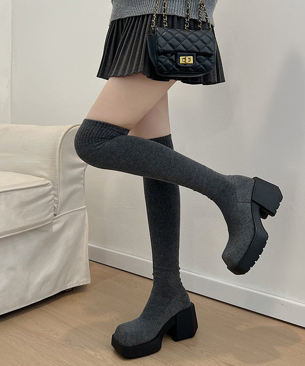 New Grey Knit Fabric Splicing Chunky Heel Knee Boots