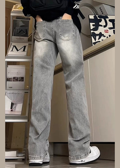 New Grey Pockets Denim Straight Pants Fall
