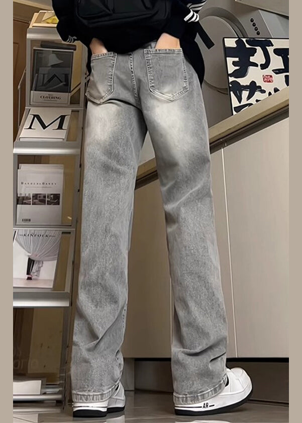 New Grey Pockets Denim Straight Pants Fall