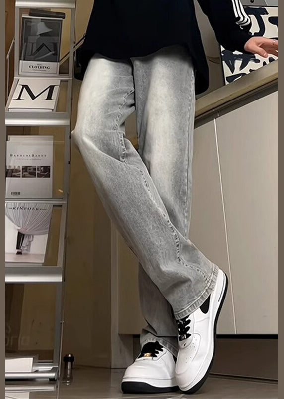 New Grey Pockets Denim Straight Pants Fall
