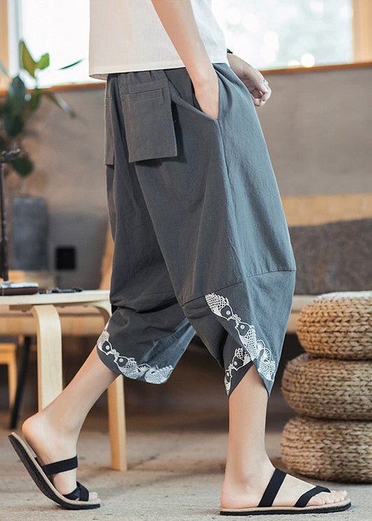 New Grey Pockets Elastic Waist Cotton Harem Pants Summer