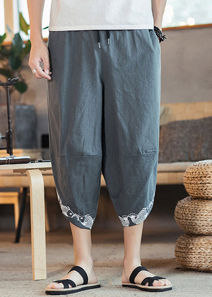 New Grey Pockets Elastic Waist Cotton Harem Pants Summer