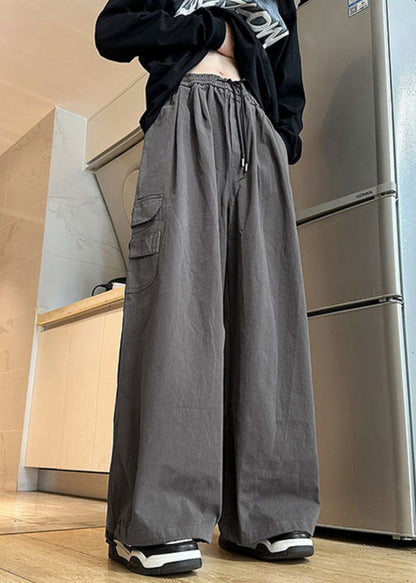 New Grey Pockets Elastic Waist Cotton Pants Summer