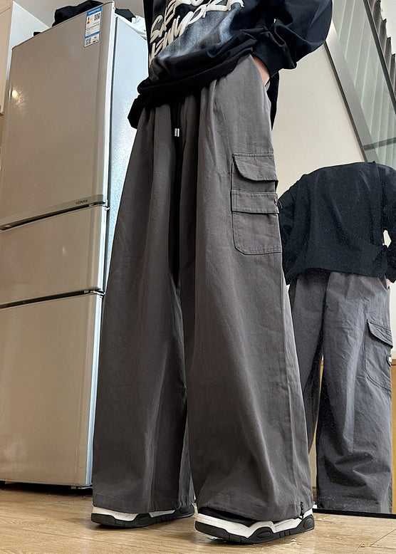 New Grey Pockets Elastic Waist Cotton Pants Summer