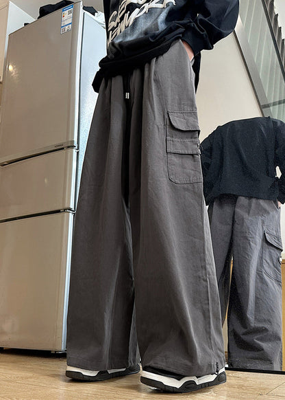 New Grey Pockets Elastic Waist Cotton Pants Summer