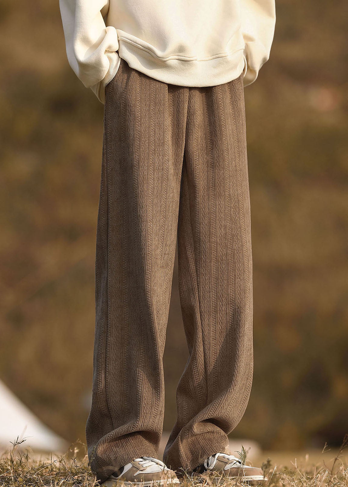 New Grey Pockets Elastic Waist Warm Fleece Pants Spring