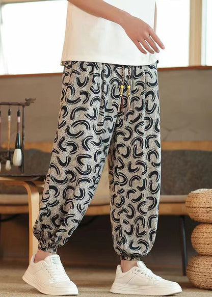 New Grey Pockets Print High Waist Cotton Pants Summer