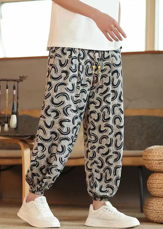 New Grey Pockets Print High Waist Cotton Pants Summer
