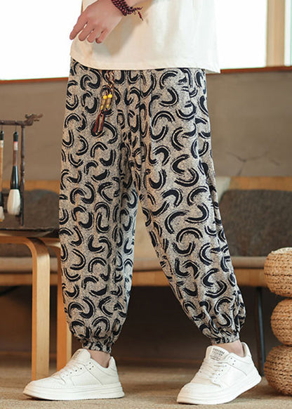 New Grey Pockets Print High Waist Cotton Pants Summer