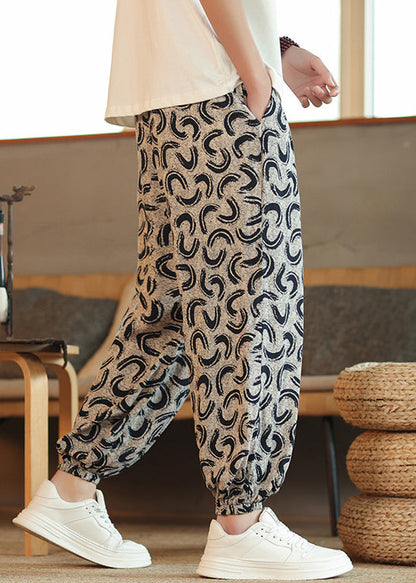 New Grey Pockets Print High Waist Cotton Pants Summer