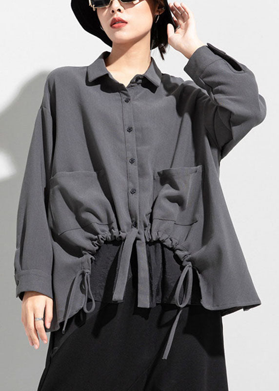 New Grey Pockets Drawstring Asymmetrical Design Fall Long Sleeve Top