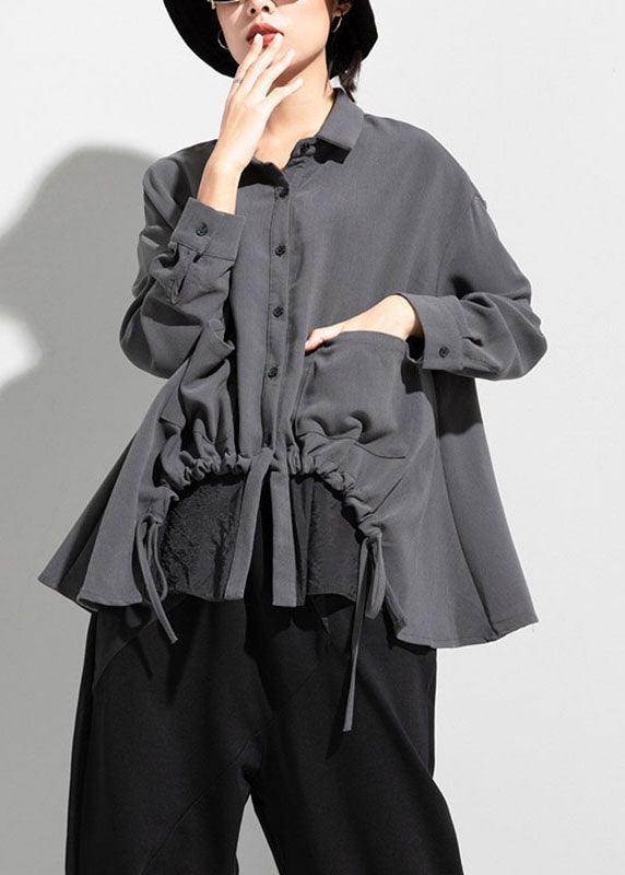 New Grey Pockets Drawstring Asymmetrical Design Fall Long Sleeve Top