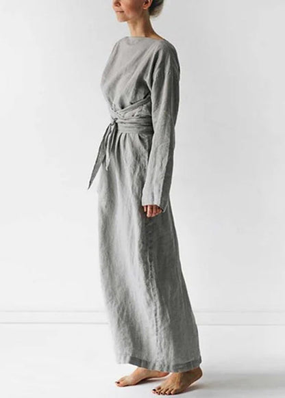 New Grey Tie Waist Cotton Long Dress Long Sleeve