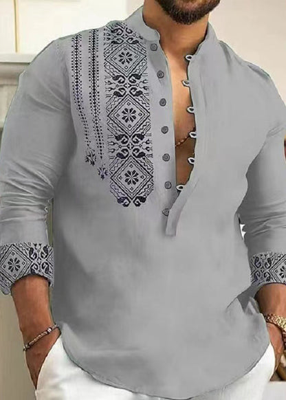 New Grey Stand Collar Print Cotton Men's Shirts Fall