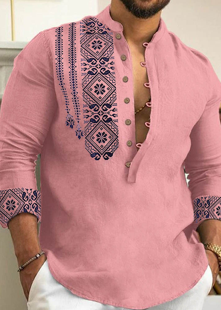 New Grey Stand Collar Print Cotton Shirts Fall