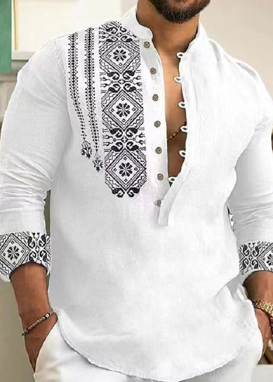 New Grey Stand Collar Print Cotton Shirts Fall