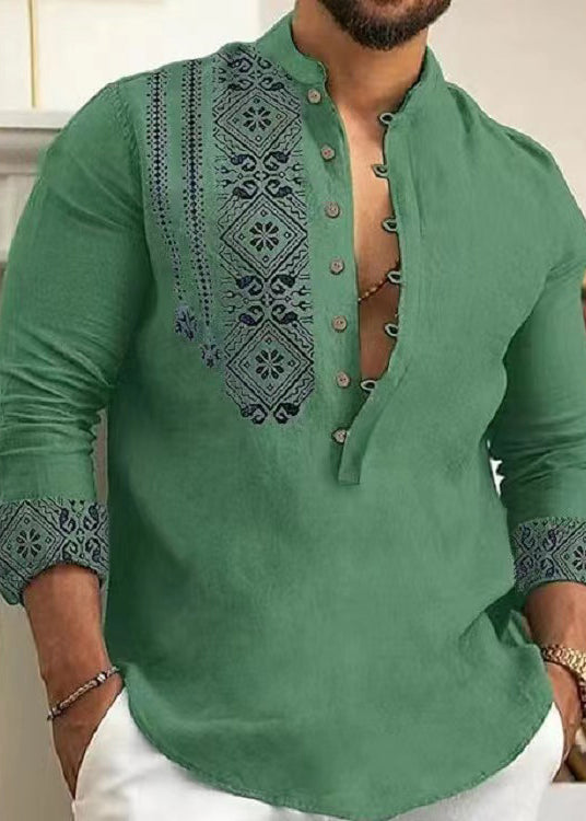 New Grey Stand Collar Print Cotton Shirts Fall