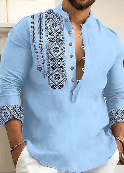 New Grey Stand Collar Print Cotton Men's Shirts Fall