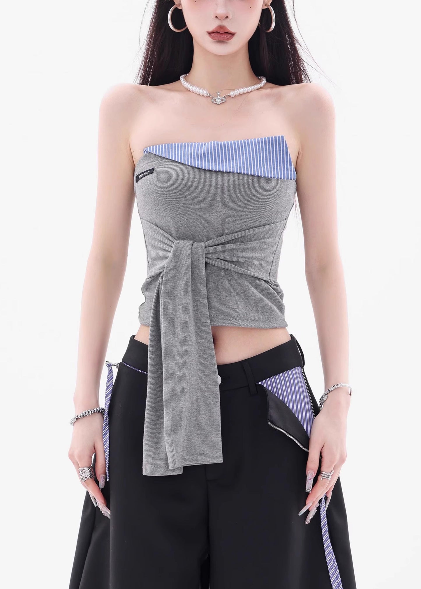 New Grey Strapless Lace Up Patchwork Cotton Top Sleeveless