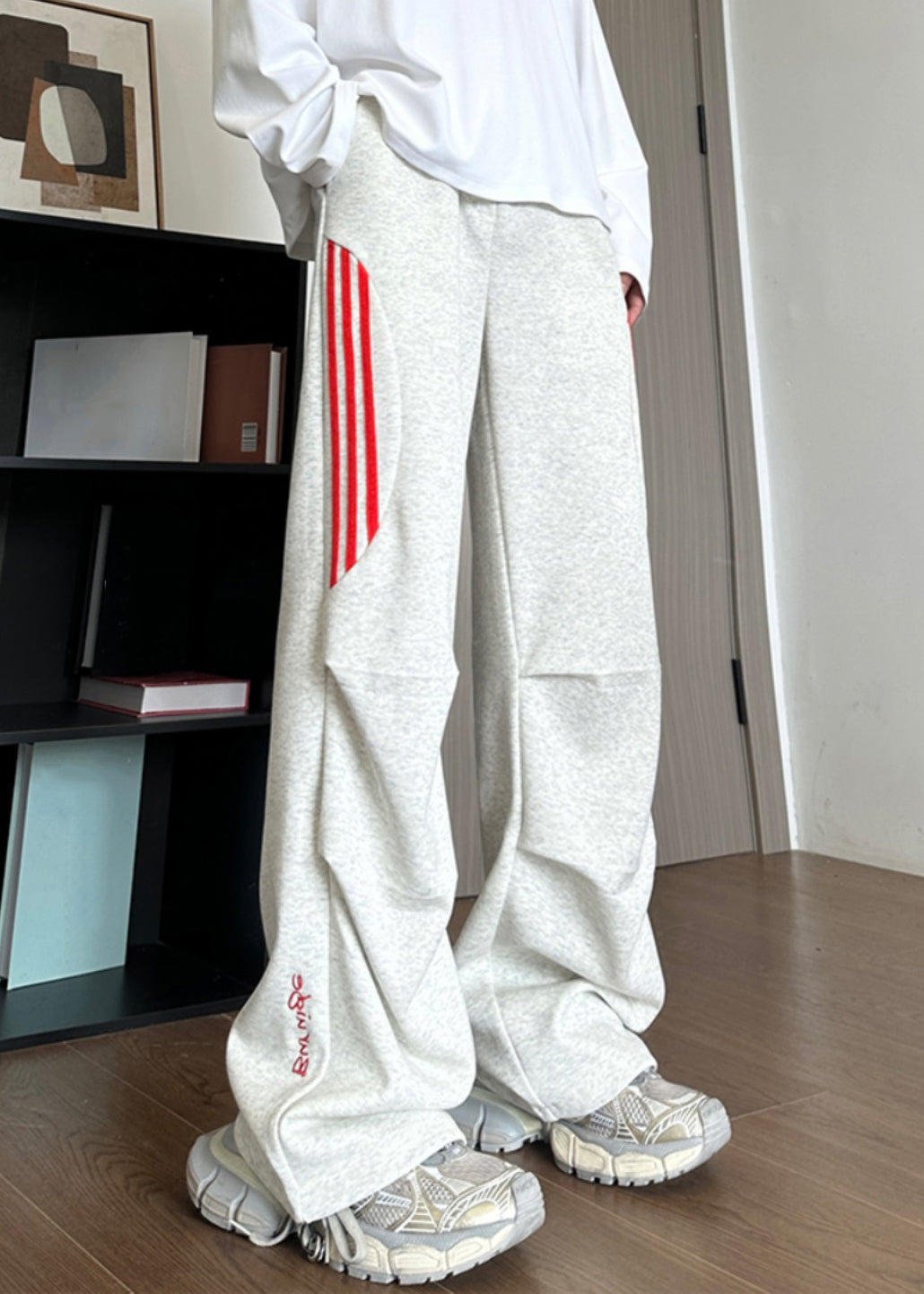 New Grey Striped Pockets Cotton Pants Long Spring