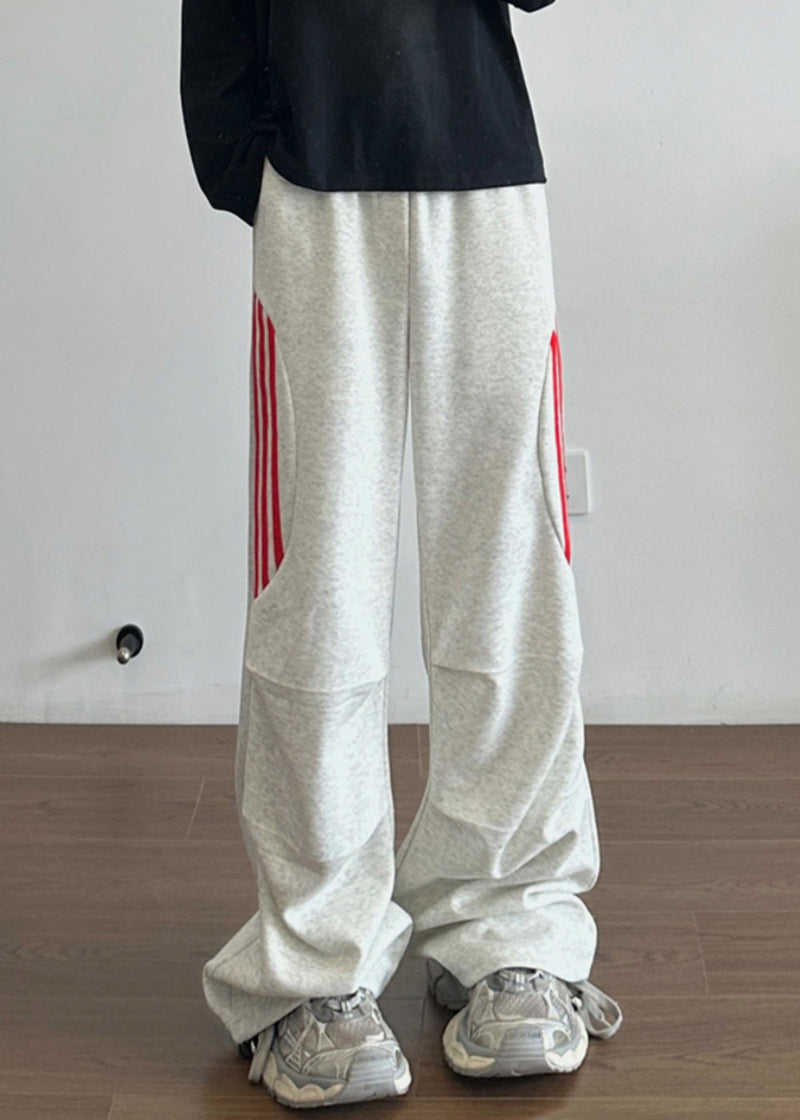 New Grey Striped Pockets Cotton Pants Long Spring