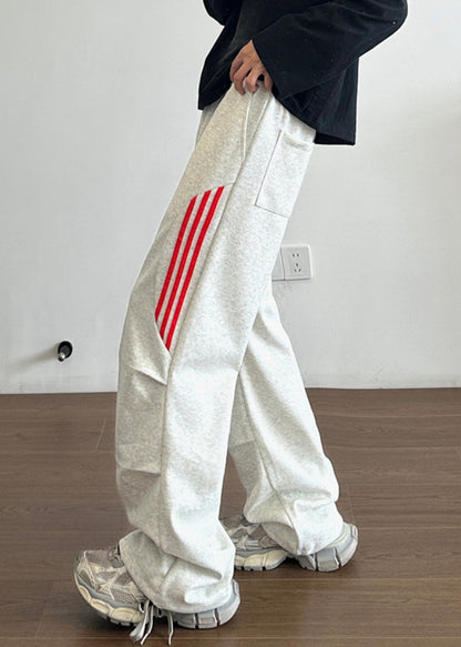 New Grey Striped Pockets Cotton Pants Long Spring