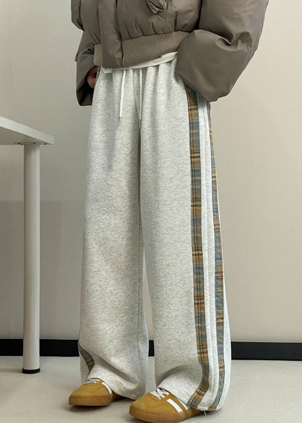 New Grey Striped Pockets Warm Fleece Wide Leg Pants Spring