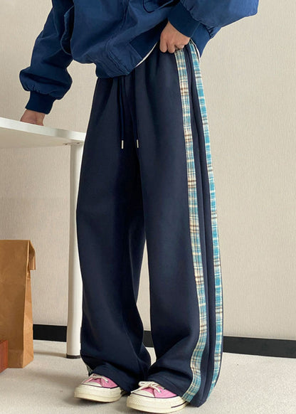 New Grey Striped Pockets Warm Fleece Wide Leg Pants Spring