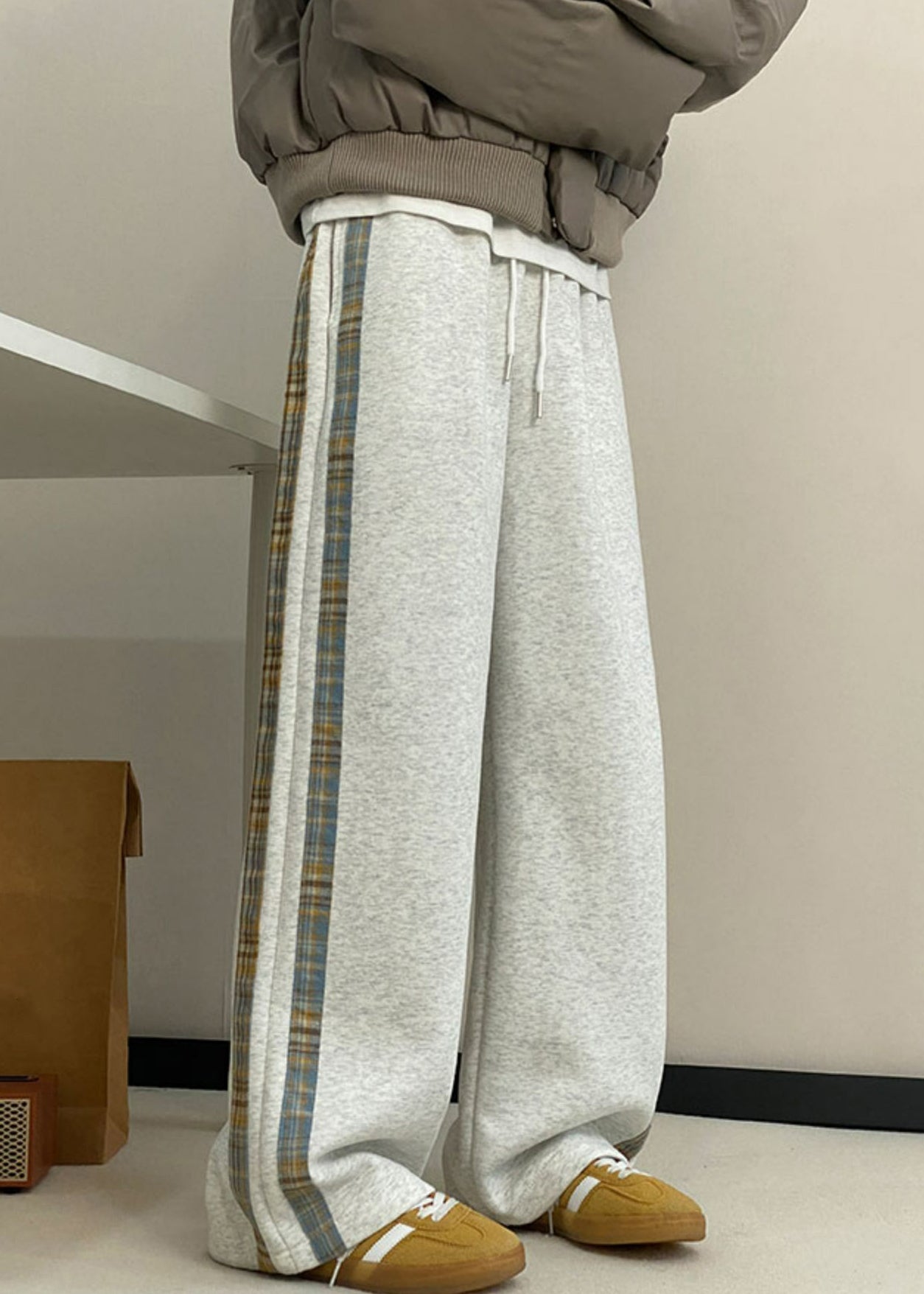 New Grey Striped Pockets Warm Fleece Wide Leg Pants Spring