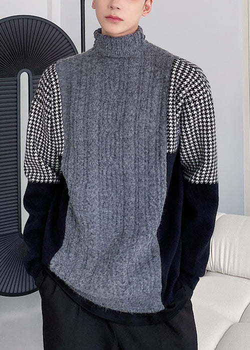 New Grey Turtleneck Patchwork Knit Sweater Winter