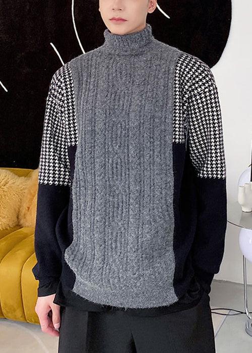 New Grey Turtleneck Patchwork Knit Sweater Winter
