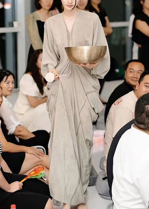 New Grey V Neck Cotton Maxi Dresses Long Sleeve